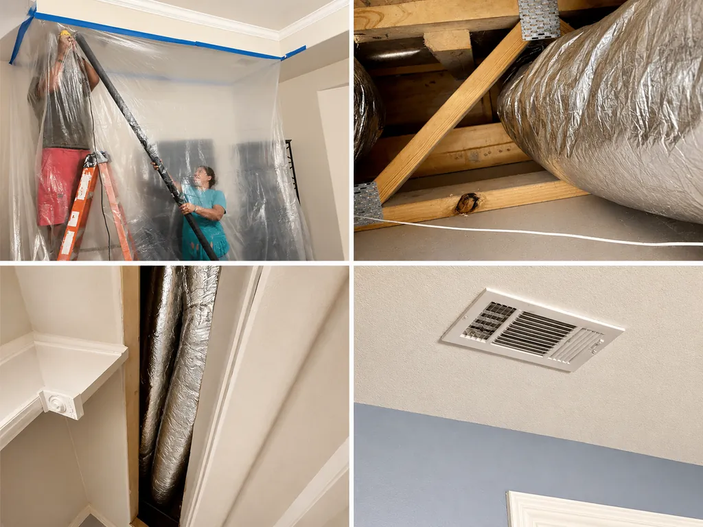 Mold remediation and HVAC duct replacement in a Marble Falls, TX home — containment sheeting, insulated flex ducting and a new ceiling vent.