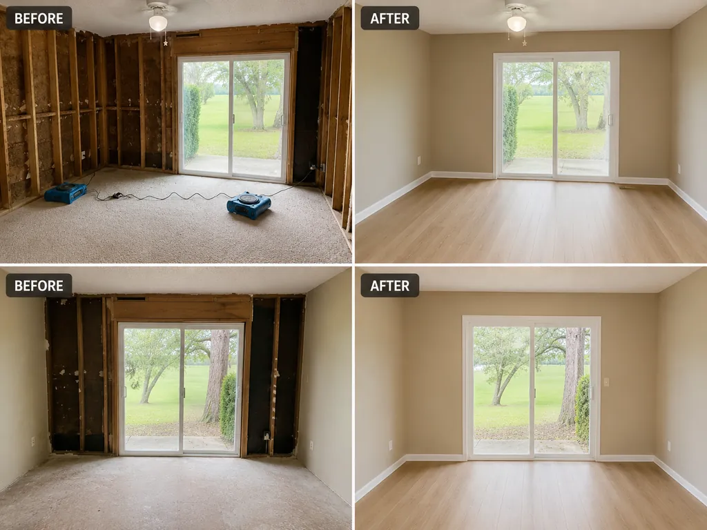 Before and after water mitigation in a Horseshoe Bay, TX home — drywall removed and structure dried, then rebuilt with new flooring and paint.