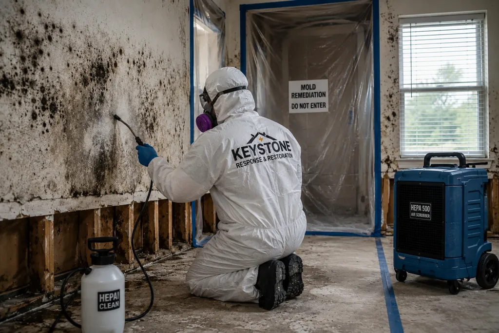 Keystone mold remediation technician in a full protective suit and respirator treating a heavily mold-covered wall inside a sealed containment area.