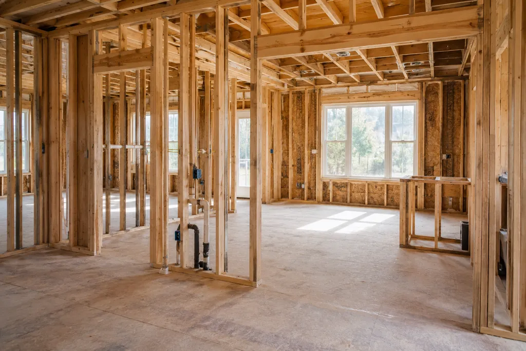 Interior of a Texas Hill Country home rebuilt down to fresh framing and subfloor, ready for insulation, drywall, and finish work.