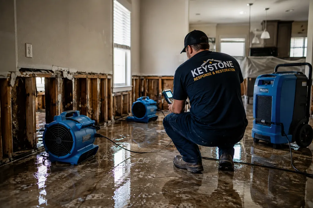Keystone Response & Restoration technician taking a moisture reading beside air movers in a flooded Kingsland, TX home with the drywall cut back to the studs.